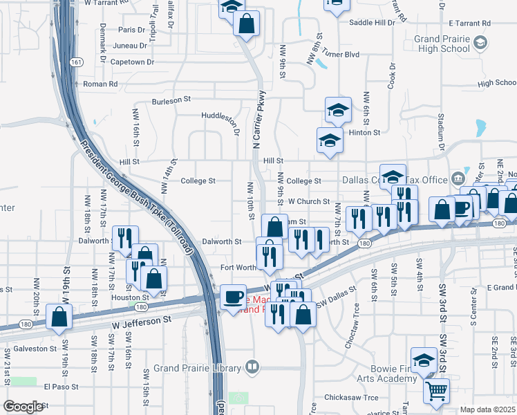 map of restaurants, bars, coffee shops, grocery stores, and more near 517n North Carrier Parkway in Grand Prairie