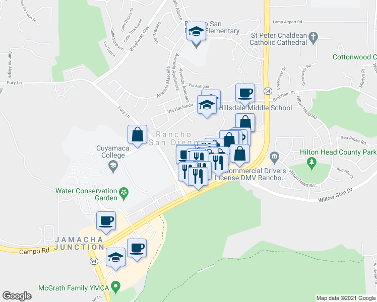 map of restaurants, bars, coffee shops, grocery stores, and more near 11378 Via Rancho San Diego in El Cajon