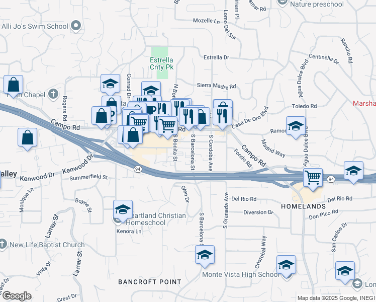 map of restaurants, bars, coffee shops, grocery stores, and more near 3654 South Barcelona Street in Spring Valley