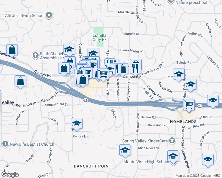 map of restaurants, bars, coffee shops, grocery stores, and more near 3654 South Bonita Street in Spring Valley