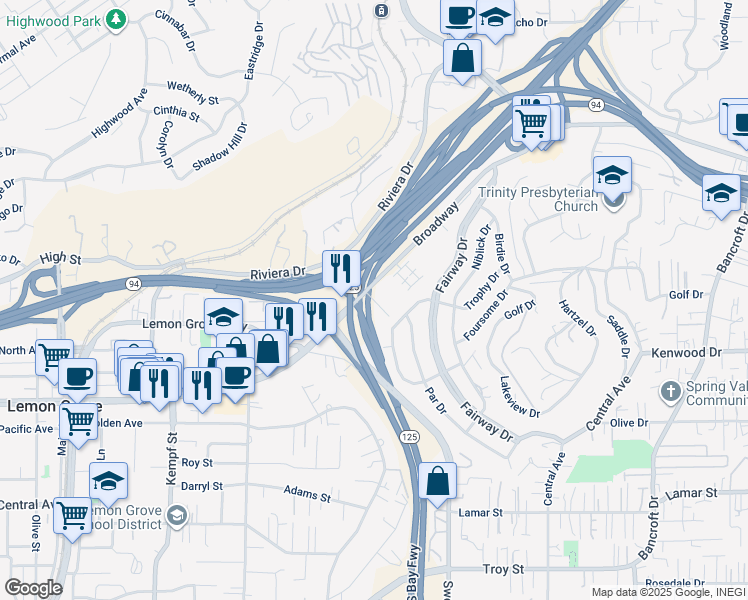 map of restaurants, bars, coffee shops, grocery stores, and more near 8323 Broadway Lane in Lemon Grove