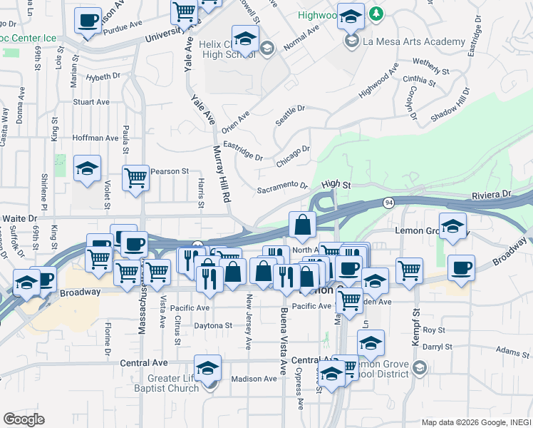 map of restaurants, bars, coffee shops, grocery stores, and more near 7415 Boston Court in La Mesa