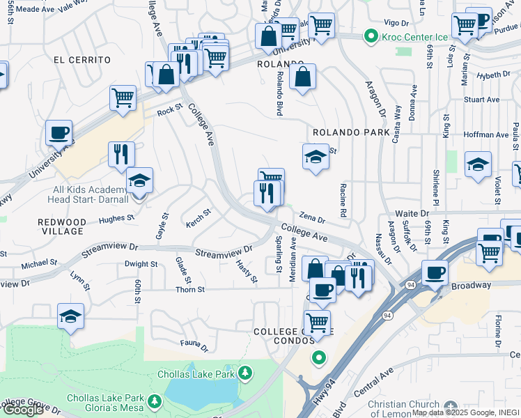 map of restaurants, bars, coffee shops, grocery stores, and more near 3659 College Avenue in San Diego