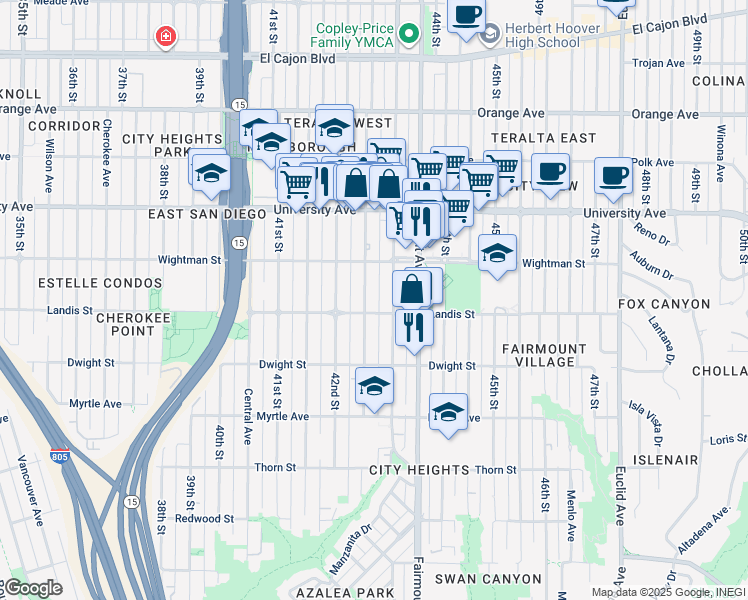 map of restaurants, bars, coffee shops, grocery stores, and more near 3726 Van Dyke Avenue in San Diego