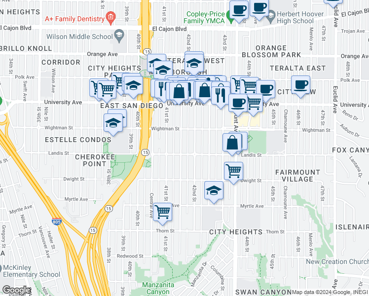 map of restaurants, bars, coffee shops, grocery stores, and more near 3720 42nd Street in San Diego