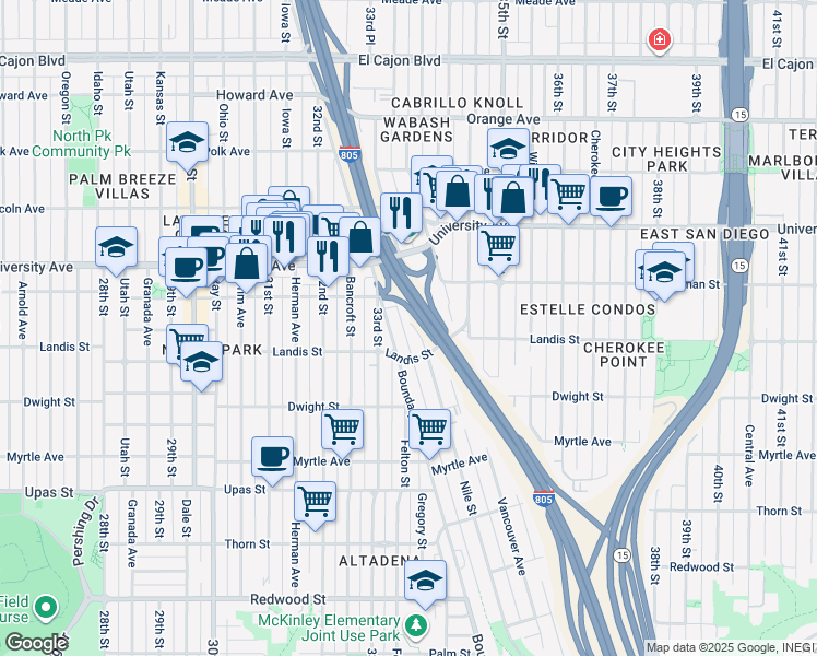 map of restaurants, bars, coffee shops, grocery stores, and more near 3752 Nile Street in San Diego