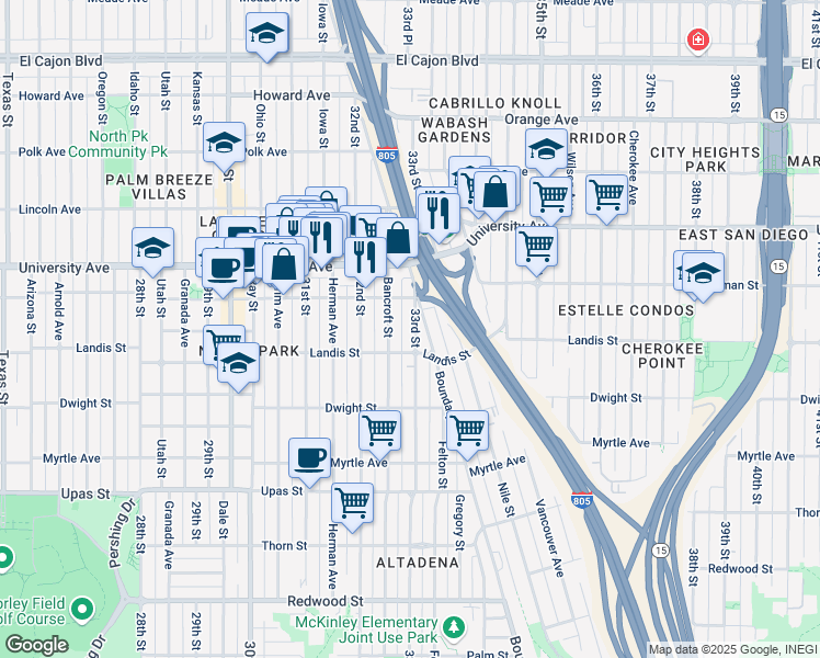 map of restaurants, bars, coffee shops, grocery stores, and more near 3752 33rd Street in San Diego