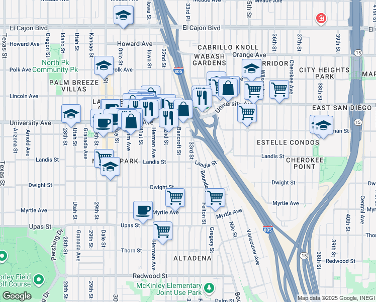 map of restaurants, bars, coffee shops, grocery stores, and more near 3752 33rd Street in San Diego