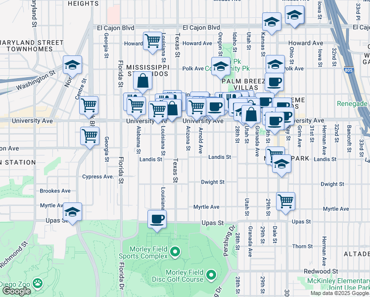 map of restaurants, bars, coffee shops, grocery stores, and more near 3750 Arizona Street in San Diego