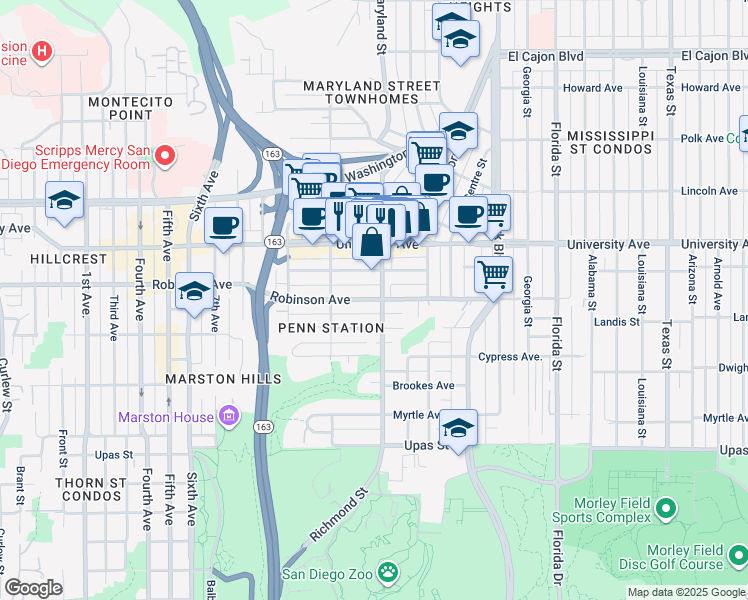 map of restaurants, bars, coffee shops, grocery stores, and more near 3750 Richmond Street in San Diego