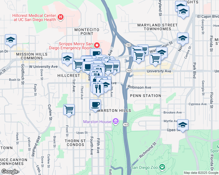 map of restaurants, bars, coffee shops, grocery stores, and more near in San Diego