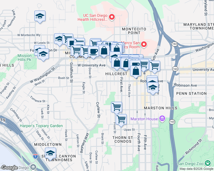 map of restaurants, bars, coffee shops, grocery stores, and more near 3781 Brant Street in San Diego