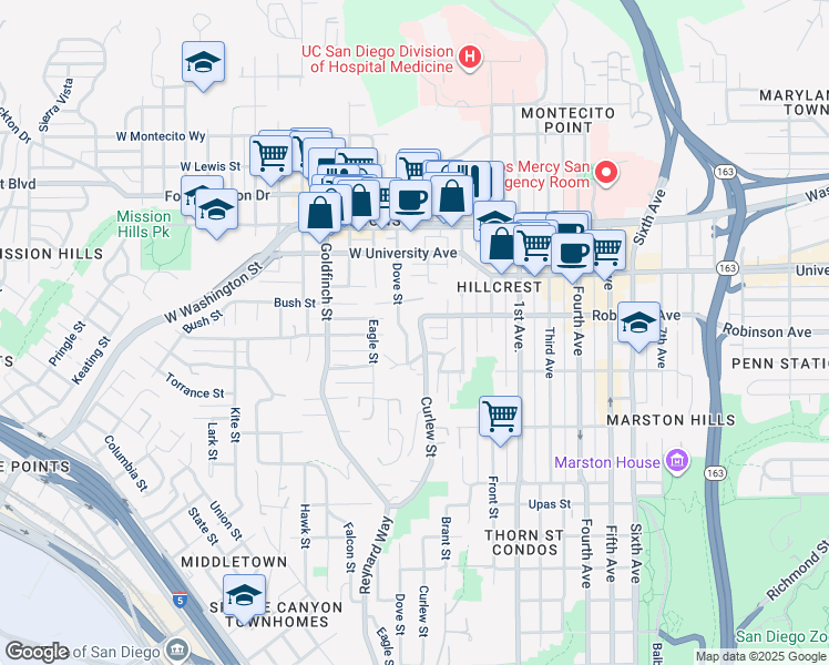 map of restaurants, bars, coffee shops, grocery stores, and more near 3786 Curlew Street in San Diego