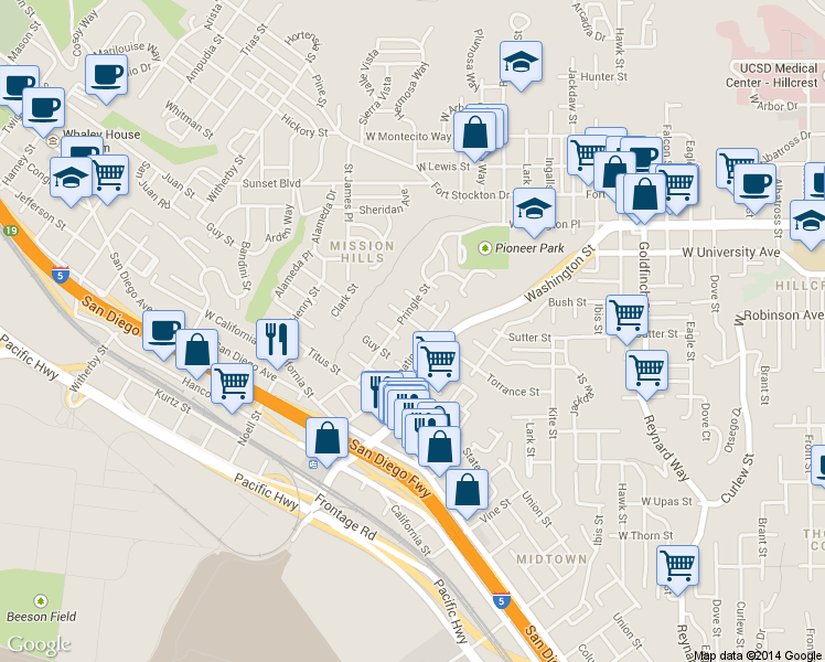 map of restaurants, bars, coffee shops, grocery stores, and more near 1710 Torrance Street in San Diego