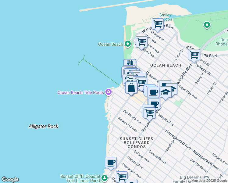 map of restaurants, bars, coffee shops, grocery stores, and more near 5107 Narragansett Avenue in San Diego