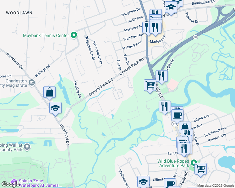 map of restaurants, bars, coffee shops, grocery stores, and more near 1815 Central Park Road in Charleston