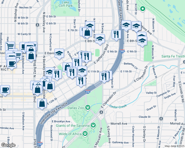 map of restaurants, bars, coffee shops, grocery stores, and more near 211 South Lancaster Avenue in Dallas
