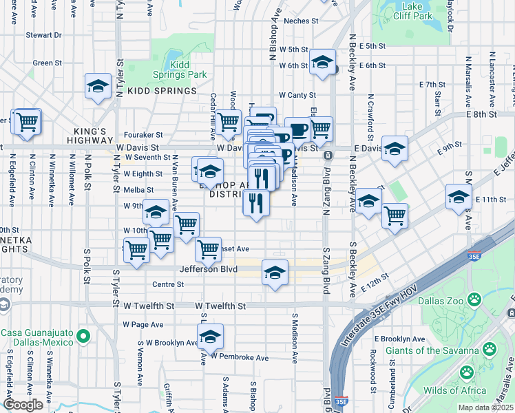 map of restaurants, bars, coffee shops, grocery stores, and more near 425 West 9th Street in Dallas