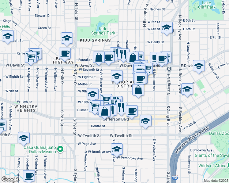 map of restaurants, bars, coffee shops, grocery stores, and more near 607 West 9th Street in Dallas