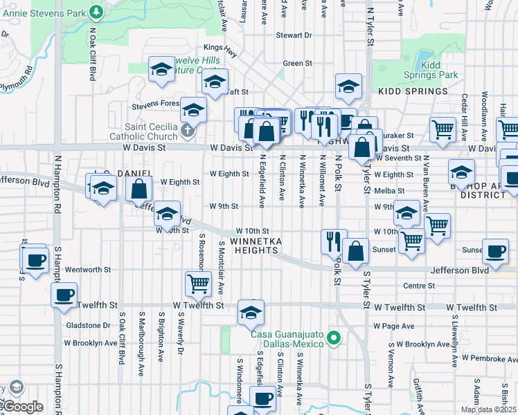 map of restaurants, bars, coffee shops, grocery stores, and more near 201 North Edgefield Avenue in Dallas