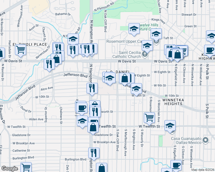 map of restaurants, bars, coffee shops, grocery stores, and more near 2200-2250 W Jefferson Blvd in Dallas