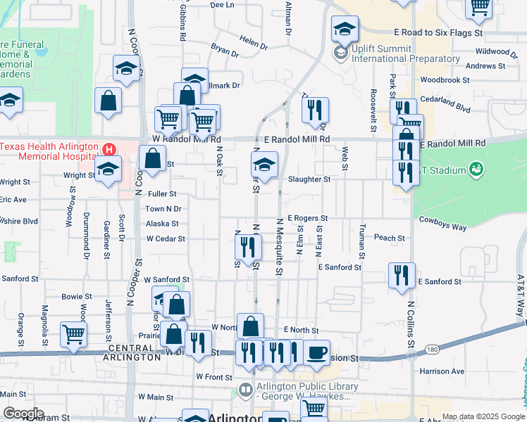 map of restaurants, bars, coffee shops, grocery stores, and more near 806 North Center Street in Arlington