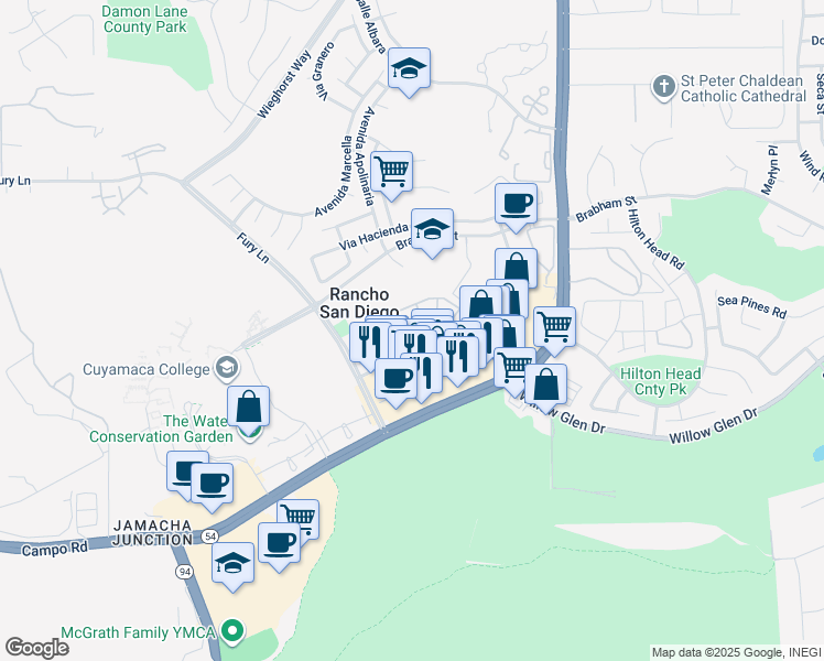 map of restaurants, bars, coffee shops, grocery stores, and more near 11410 Via Rancho San Diego in El Cajon