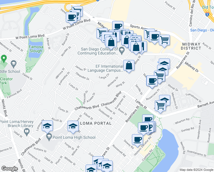 map of restaurants, bars, coffee shops, grocery stores, and more near 3402 Wisteria Drive in San Diego