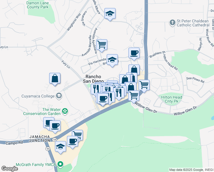 map of restaurants, bars, coffee shops, grocery stores, and more near 11378 Via Rancho San Diego in El Cajon