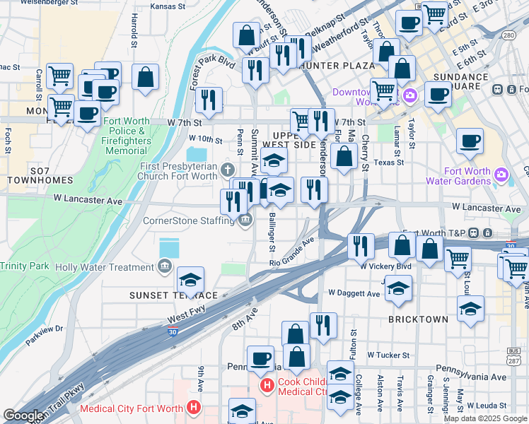 map of restaurants, bars, coffee shops, grocery stores, and more near 1201 Summit Avenue in Fort Worth
