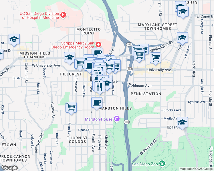 map of restaurants, bars, coffee shops, grocery stores, and more near 3775 Sixth Avenue in San Diego