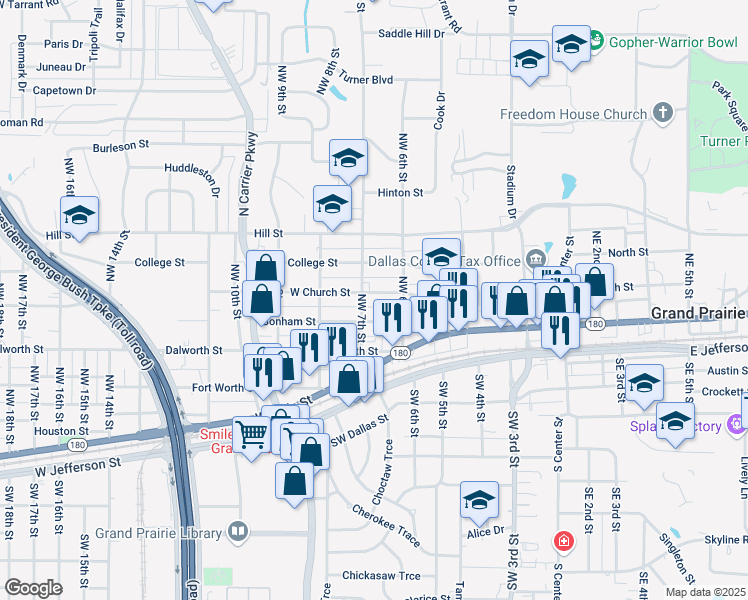 map of restaurants, bars, coffee shops, grocery stores, and more near 617 West Church Street in Grand Prairie