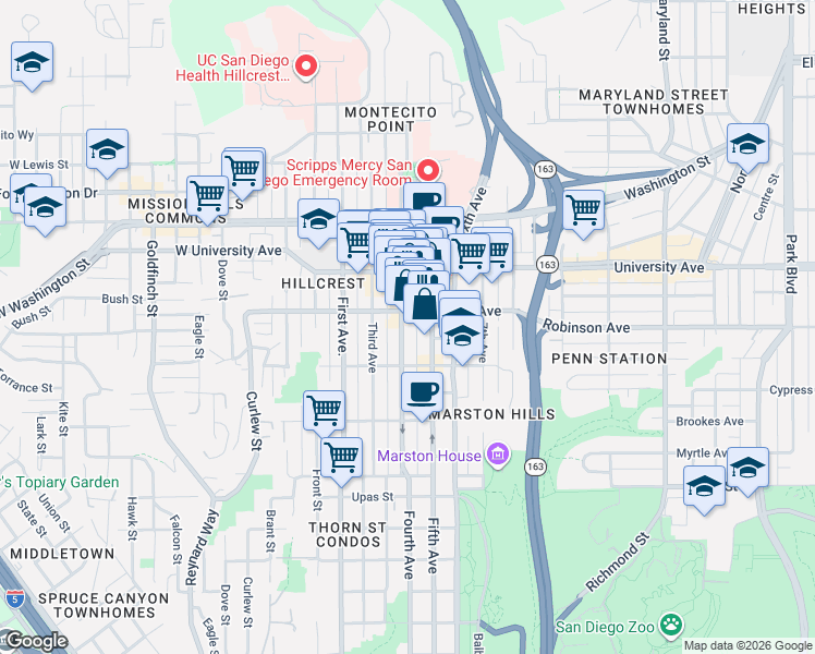 map of restaurants, bars, coffee shops, grocery stores, and more near 3773 Fourth Avenue in San Diego