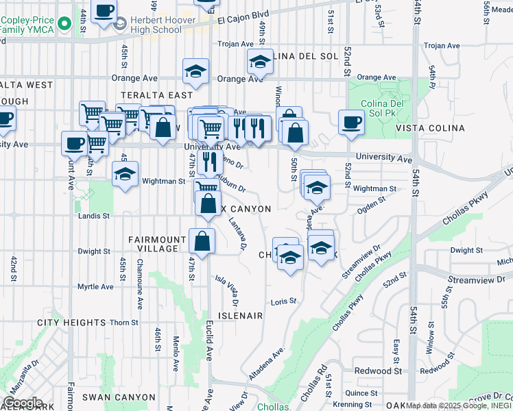 map of restaurants, bars, coffee shops, grocery stores, and more near Auburn Drive in San Diego