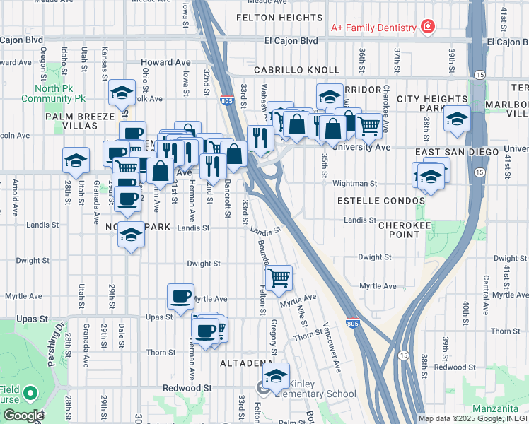 map of restaurants, bars, coffee shops, grocery stores, and more near 3752 Nile Street in San Diego