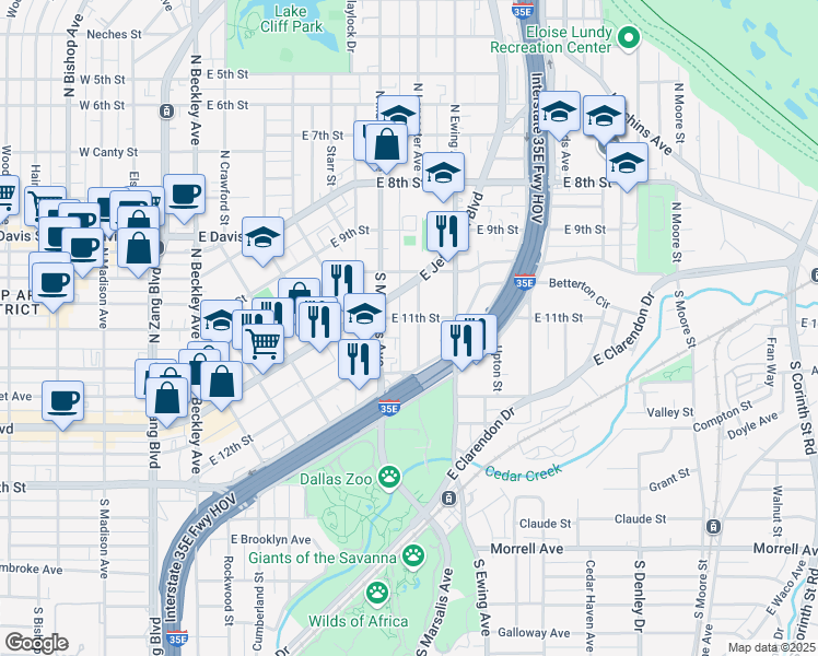 map of restaurants, bars, coffee shops, grocery stores, and more near 211 South Lancaster Avenue in Dallas