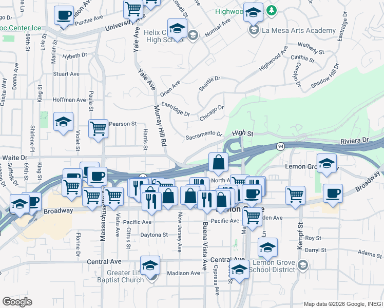map of restaurants, bars, coffee shops, grocery stores, and more near 7415 Boston Court in La Mesa
