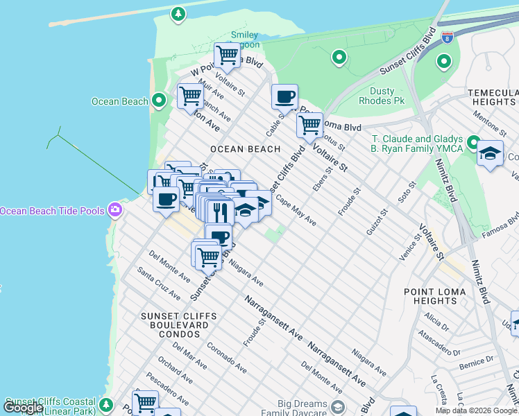 map of restaurants, bars, coffee shops, grocery stores, and more near Sunset Cliffs Blvd & Saratoga Ave in San Diego