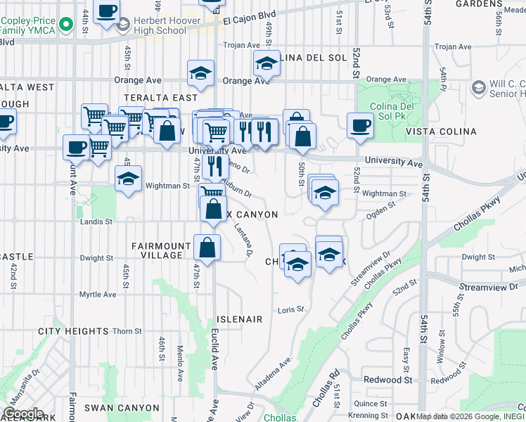 map of restaurants, bars, coffee shops, grocery stores, and more near 4931 Auburn Drive in San Diego