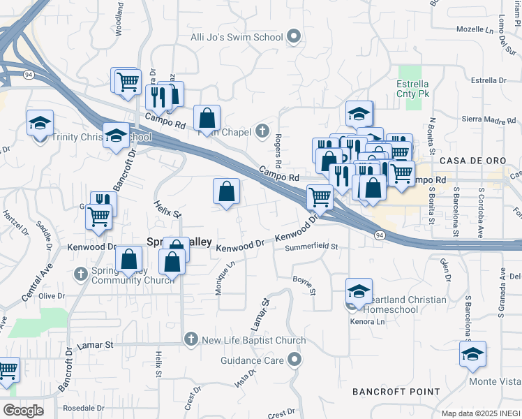 map of restaurants, bars, coffee shops, grocery stores, and more near 9421 Barbic Lane in Spring Valley