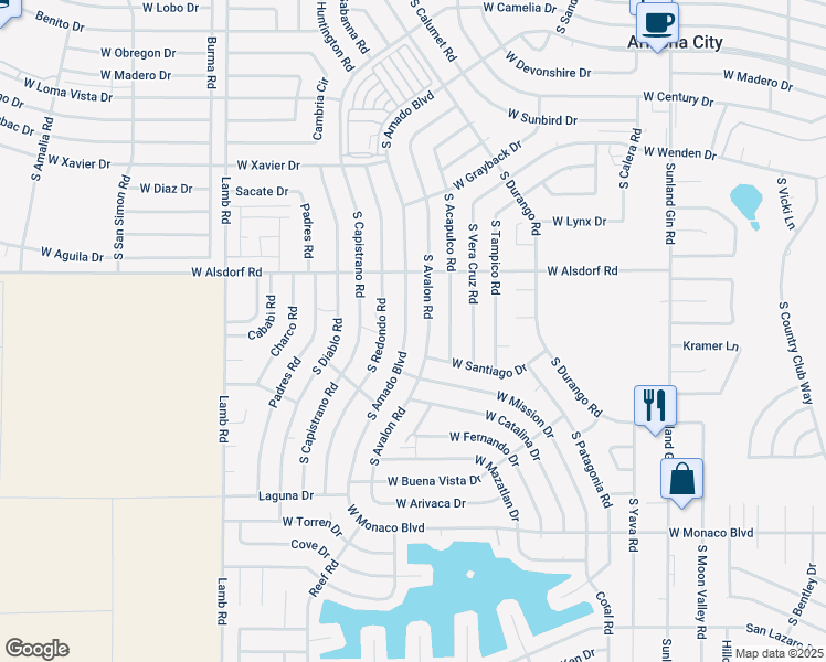 map of restaurants, bars, coffee shops, grocery stores, and more near 14695 South Amado Boulevard in Arizona City