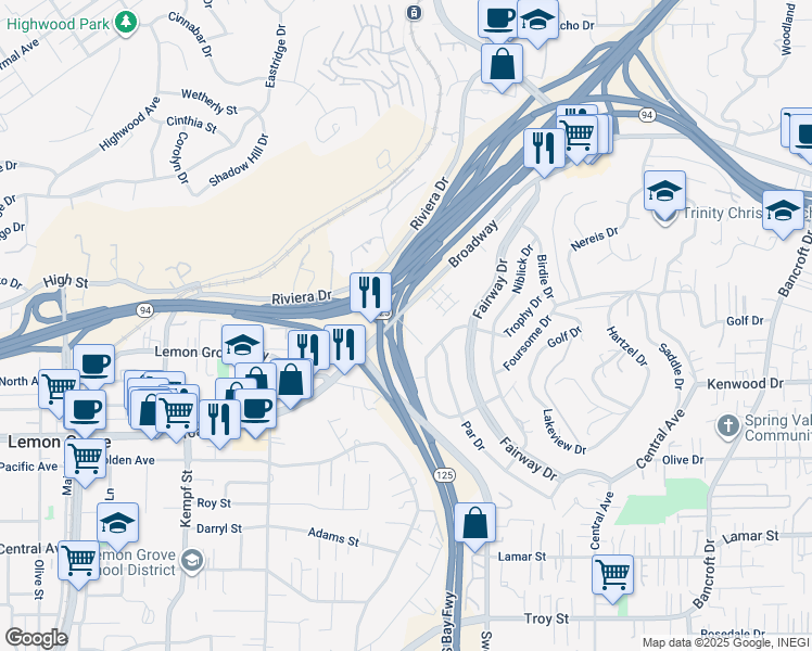 map of restaurants, bars, coffee shops, grocery stores, and more near 8323 Broadway Lane in Lemon Grove