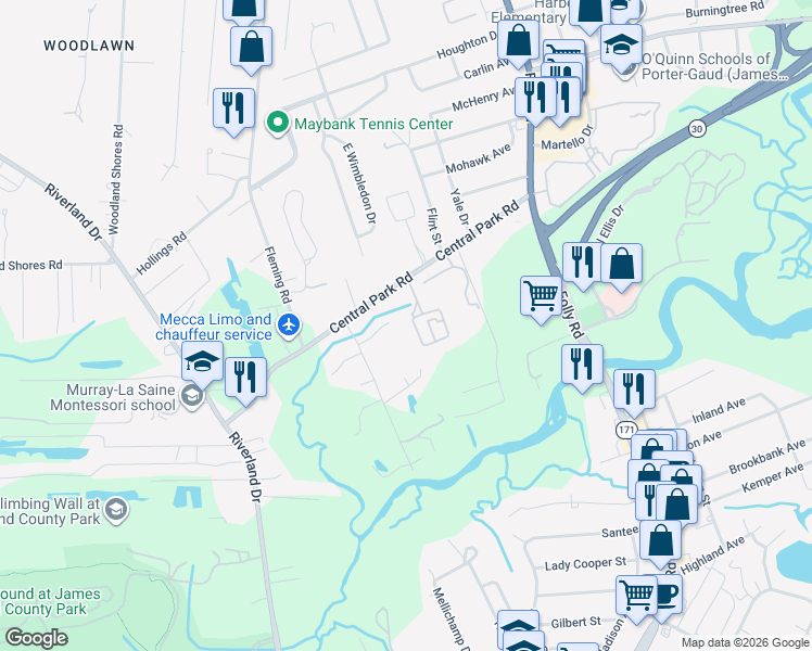map of restaurants, bars, coffee shops, grocery stores, and more near 1815 Central Park Road in Charleston