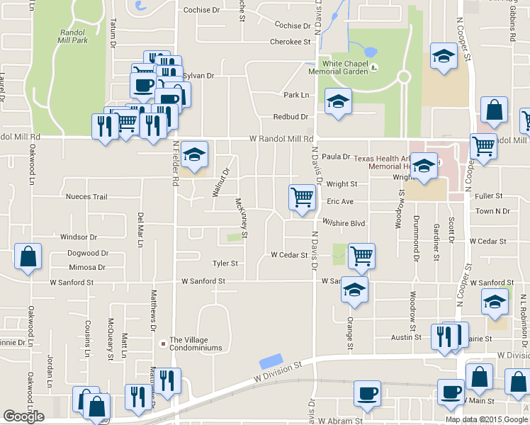 map of restaurants, bars, coffee shops, grocery stores, and more near 840 Ross Trail in Arlington
