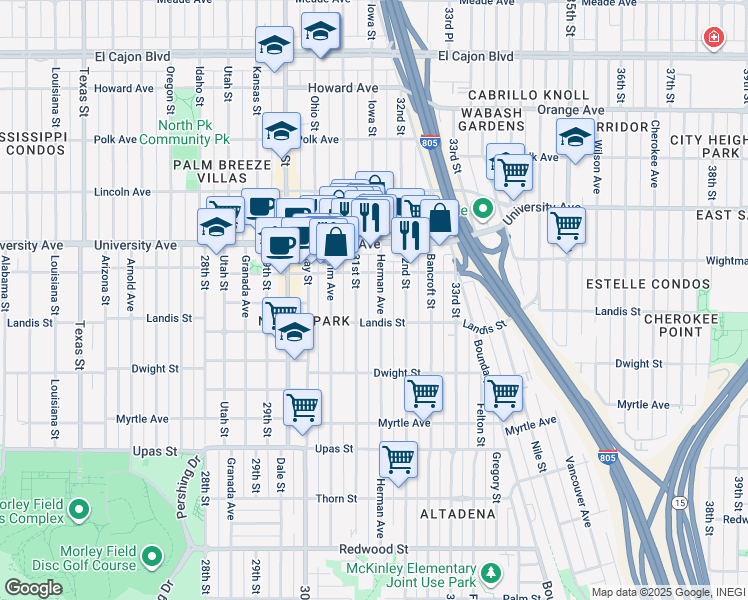 map of restaurants, bars, coffee shops, grocery stores, and more near 3743 Herman Avenue in San Diego