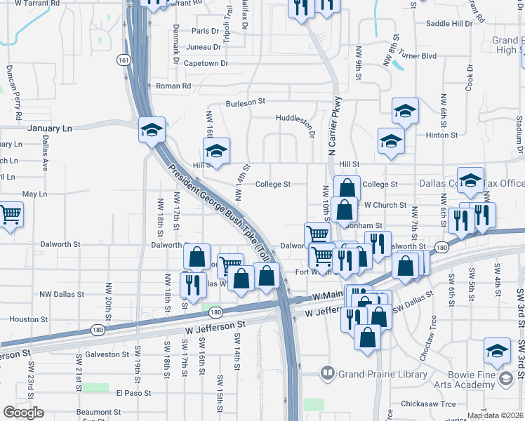 map of restaurants, bars, coffee shops, grocery stores, and more near 1209 West Church Street in Grand Prairie