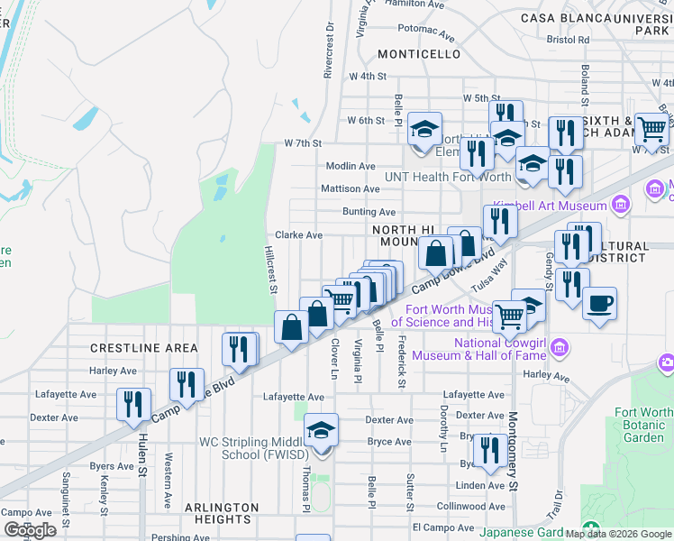 map of restaurants, bars, coffee shops, grocery stores, and more near 1312 Clover Lane in Fort Worth