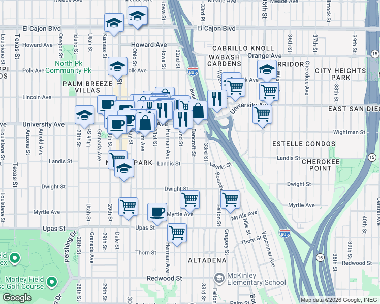 map of restaurants, bars, coffee shops, grocery stores, and more near 3744 Bancroft Street in San Diego