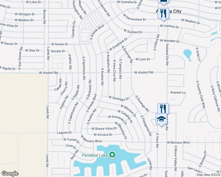 map of restaurants, bars, coffee shops, grocery stores, and more near 14691 South Acapulco Road in Arizona City