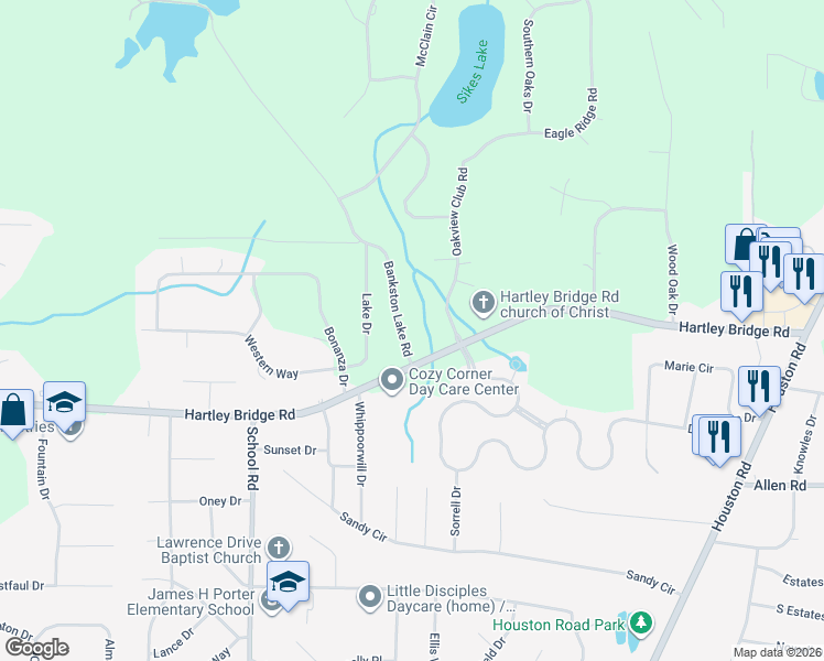 map of restaurants, bars, coffee shops, grocery stores, and more near 5524 Bankston Lake Road in Macon